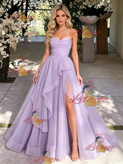 Purple Tulle Strapless Pleats Prom Dress