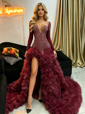 Burgundy Mermaid Long Sleeve Beading Prom Dress