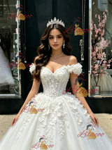 White Tulle Off thwe Shoulder Appliques Quinceanera Dress
