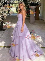Purple Tulle Strapless Pleats Prom Dress