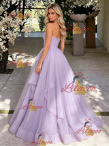 Purple Tulle Strapless Pleats Prom Dress