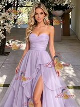 Purple Tulle Strapless Pleats Prom Dress