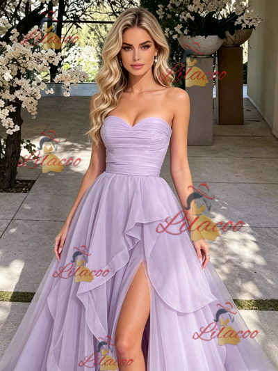Purple Tulle Strapless Pleats Prom Dress