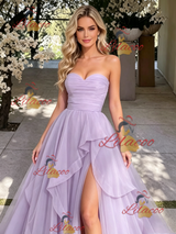 Purple Tulle Strapless Pleats Prom Dress