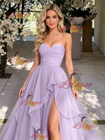 Purple Tulle Strapless Pleats Prom Dress