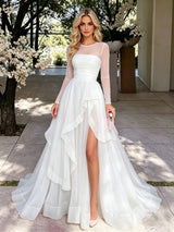 White Tulle Long Sleeve Prom Dress