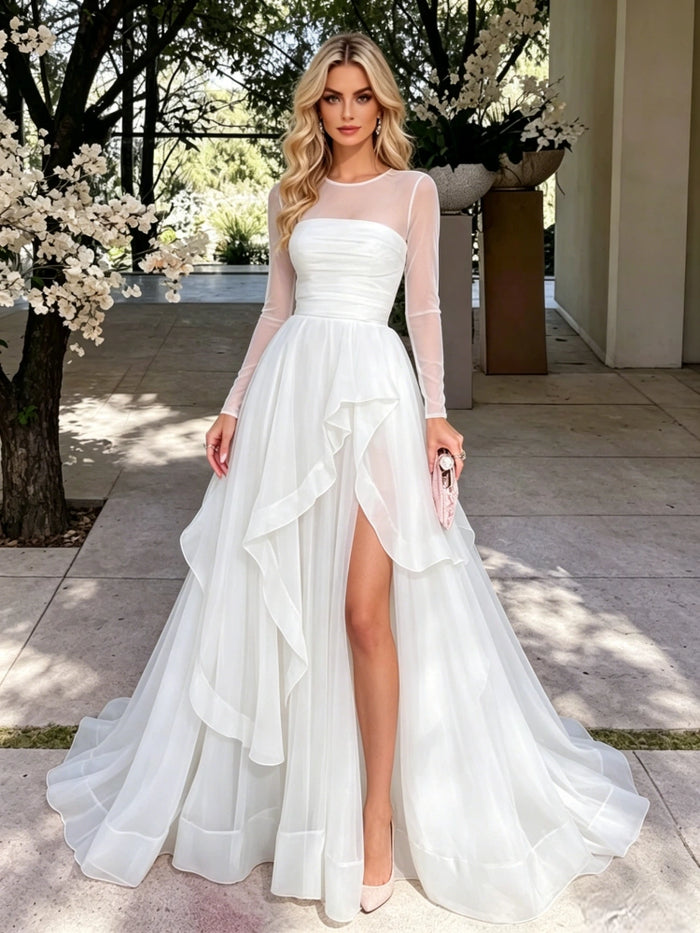 White Tulle Long Sleeve Prom Dress