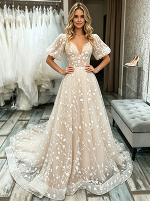 Champagne V-neck Lace Puff Sleeve Wedding Dress