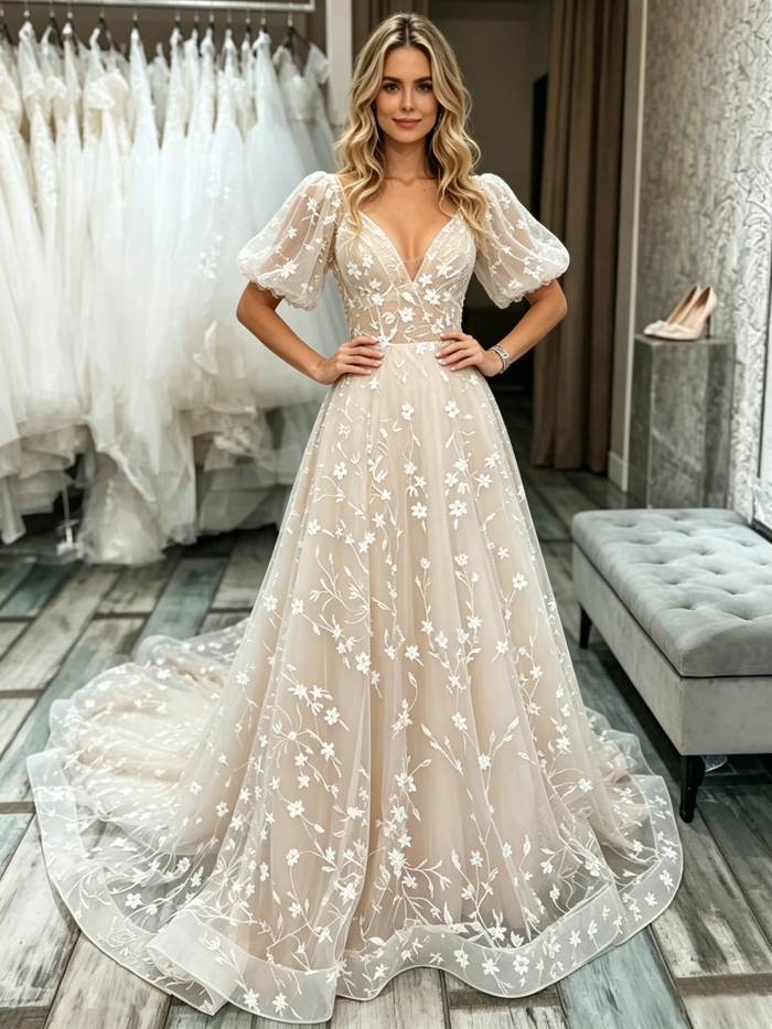 Champagne V-neck Lace Puff Sleeve Wedding Dress