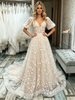 Champagne V-neck Lace Puff Sleeve Wedding Dress