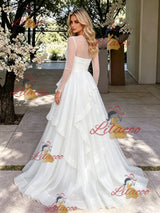 White Tulle Long Sleeve Prom Dress