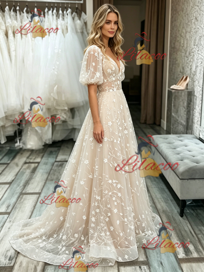 Champagne V-neck Lace Puff Sleeve Wedding Dress