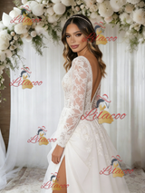 White Tulle Lace Long Sleeve Wedding Dress