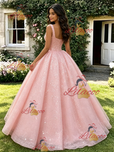 Pink Sequins Straps Quinceanera Dress
