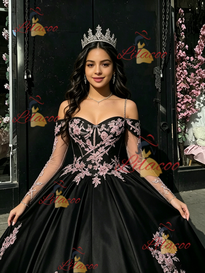 Black Straps Appliques Quinceanera Dress