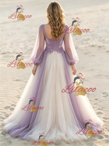 Champagne Tulle Long Sleeve Appliques Wedding Dress