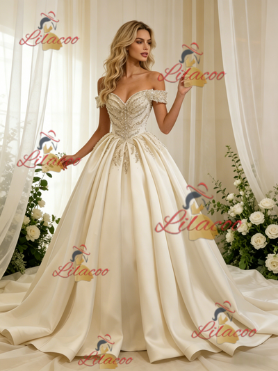 Ivory Satin Off the Shoulder Beading Wedding Dress