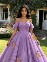 Purple Tulle Off the Shoulder Pleats Quinceanera Dress
