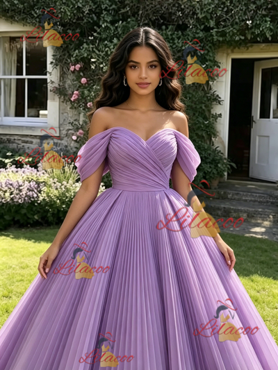Purple Tulle Off the Shoulder Pleats Quinceanera Dress