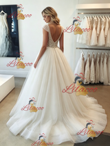 White Tulle V-neck Straps Beading Wedding Dress
