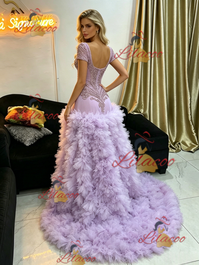 Purple Mermaid Short Sleeve Beading Prom Dress