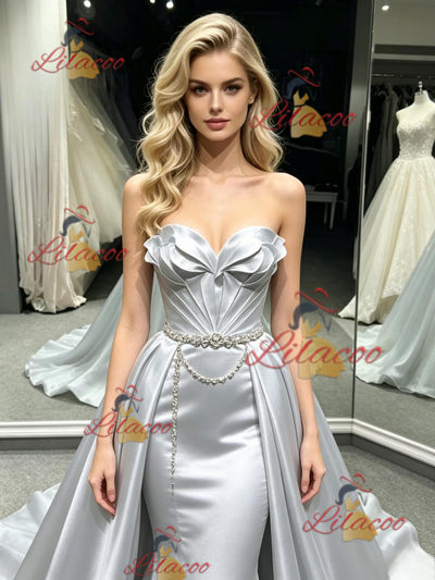 Silver Satin Strapless Pleats Prom Dress