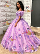 Purple Tulle Off the Shoulde 3D Flower Quinceanera Dress