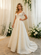 White Lace Short Sleeve Wedding Dress