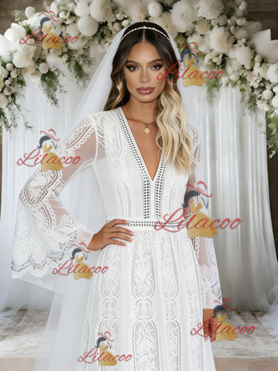 White Lace Long Sleeve V-neck Wedding Dress