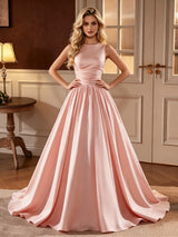 Pink Satin Scoop Neck Wedding Dress