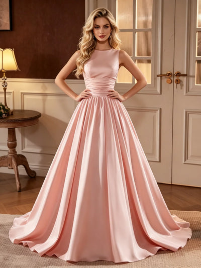 Pink Satin Scoop Neck Wedding Dress