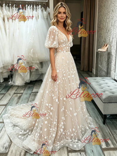 Champagne V-neck Lace Puff Sleeve Wedding Dress