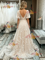 Champagne V-neck Lace Puff Sleeve Wedding Dress