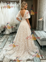 Champagne V-neck Lace Puff Sleeve Wedding Dress