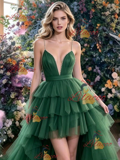 Green Tulle Hi Lo Straps Prom Dress