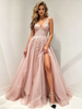 Pink Tulle V-neck Appliques Prom Dress