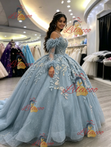 Blue Tulle Straps Long Sleeve Quinceanera Dress