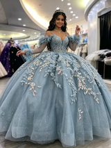 Blue Tulle Straps Long Sleeve Quinceanera Dress