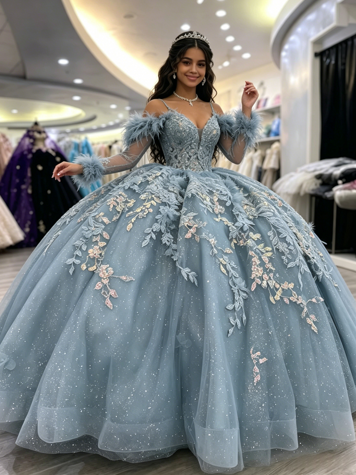 Blue Tulle Straps Long Sleeve Quinceanera Dress