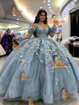 Blue Tulle Straps Long Sleeve Quinceanera Dress