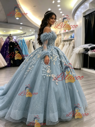 Blue Tulle Straps Long Sleeve Quinceanera Dress