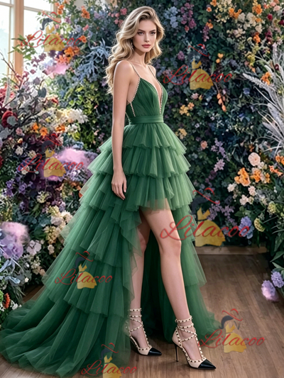 Green Tulle Hi Lo Straps Prom Dress
