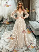 Champagne Lace V-neck Long Sleeve Wedding Dress