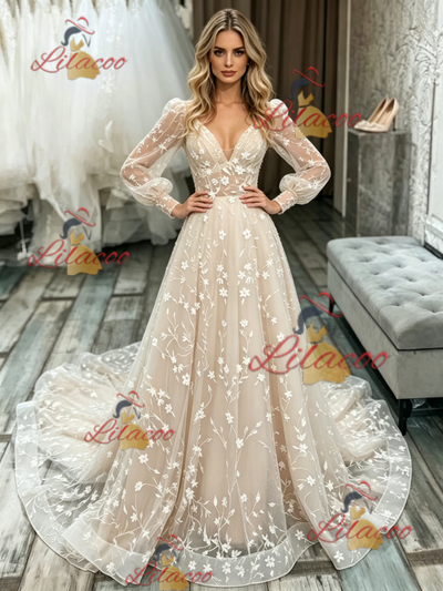 Champagne Lace V-neck Long Sleeve Wedding Dress