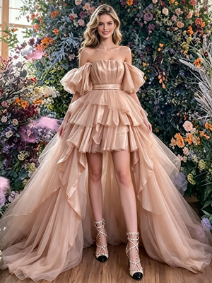 Champagne Tulle Hi Lo Prom Dress