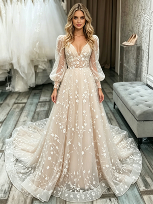 Champagne Lace V-neck Long Sleeve Wedding Dress