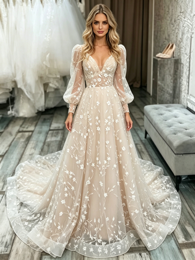 Champagne Lace V-neck Long Sleeve Wedding Dress