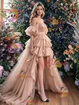 Champagne Tulle Hi Lo Prom Dress
