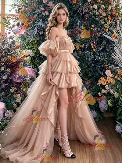 Champagne Tulle Hi Lo Prom Dress