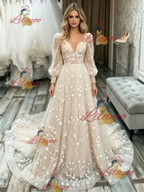 Champagne Lace V-neck Long Sleeve Wedding Dress